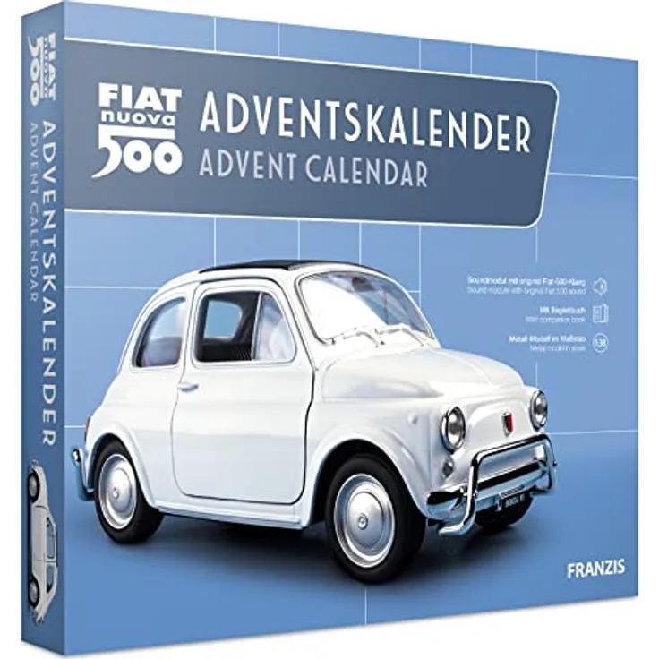 FRANZIS 67168 - Fiat 500 Adventskalender, Metall Modellbausatz im Maßstab 1:38, inkl. Soundmodul und 52-seitigem Begleitbuch