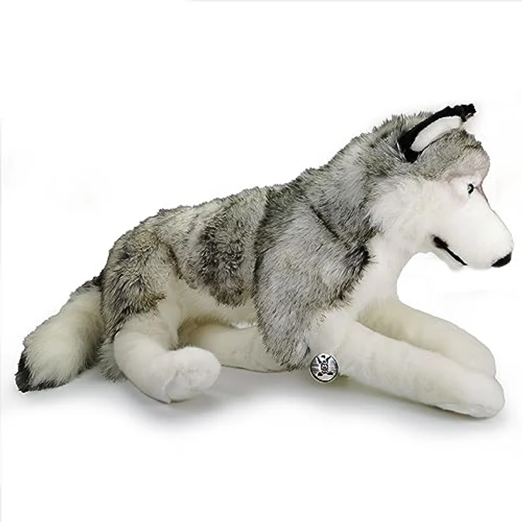 Kuscheltiere.biz Wolf Husky Schlenkertier Grauwolf Plüschtier 80 cm XXL Schlenkerwolf ASKA, überragend weicher Plüschstoff, meliertes Fell, realistisches Design, waschbar bei 30°C, inklusive silberfarbener Esel-Igor-Metallplakette – Bild 5
