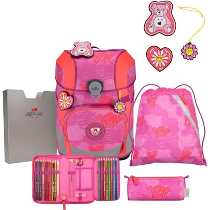 DerDieDas ErgoFlex Tiny Schulranzenset 5-teilig Roses - Ergonomisch geformt, atmungsaktive Gurte, inkl. Mäppchen und Sportbeutel