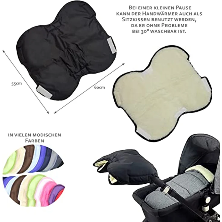 BAMBINIWELT KOMBI-ANGEBOT Muff + Winterfußsack 108cm - aus Lammwolle für Kinderwagen, Buggy, Radanhänger - WOLLE - LINIERT - SCHWARZ – Bild 8