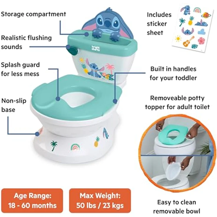 Bright Starts Disney Baby Stitch My Size Töpfchen, 2-in-1 Kinder-Töpfchen mit Spülgeräusch, abnehmbarem Sitz und 12 Aufklebern, geeignet ab 18 Monaten – Bild 2