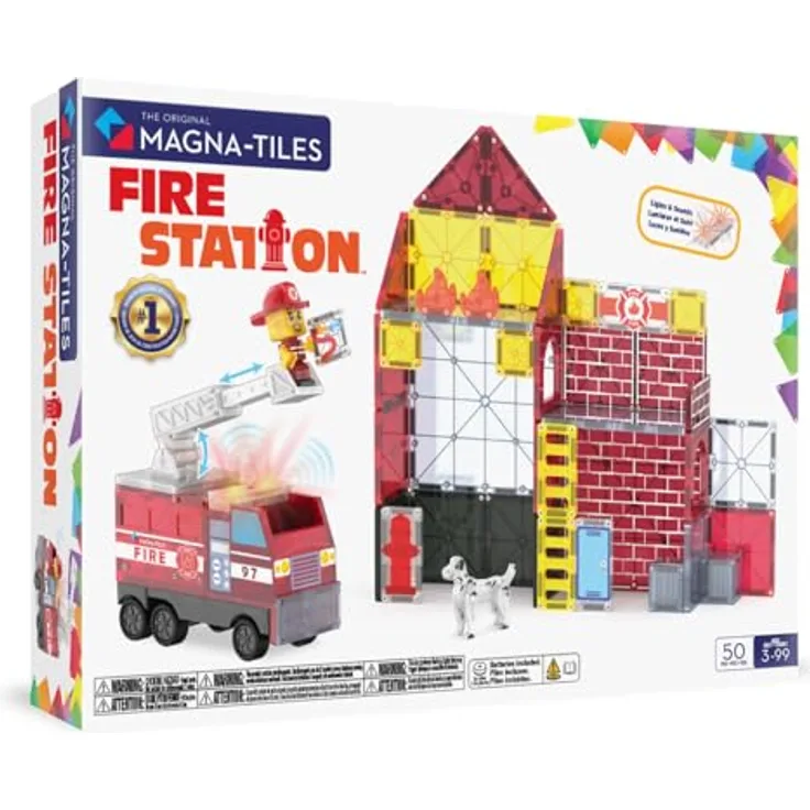MAGNA-TILES® Feuerwehrstation 50-teiliges Magnetbauset mit Licht- und Soundfliese, ausziehbarer Feuerwehr-Leiter und Mix-and-Match Feuerwehrfigur