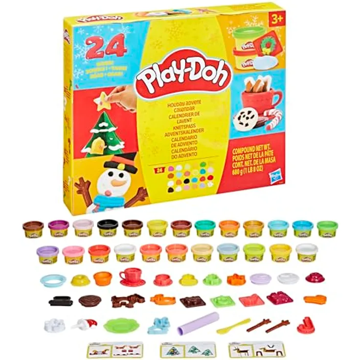 Hasbro Play-Doh Holiday Adventskalender, 24 Überraschungsgeschenke mit Play-Doh-Dosen und Zubehör