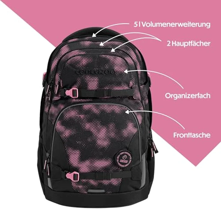 Coocazoo Schulrucksack Porter „Pink Illusion”, ergonomischer Tornister, höhenverstellbar, 30-35 Liter Stauraum, schwarz-pink, mit Brust- und Hüftgurt, ab 3. Klasse – Bild 3