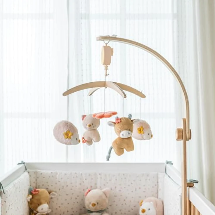 Nattou Mobile Igel, Kuh und Katze mit Spieluhr und Wiegelied "La-Le-Lu", Beige, 65 x 31 cm, aus Holz und Velours, für Baby-Betten und Laufgitter – Bild 2