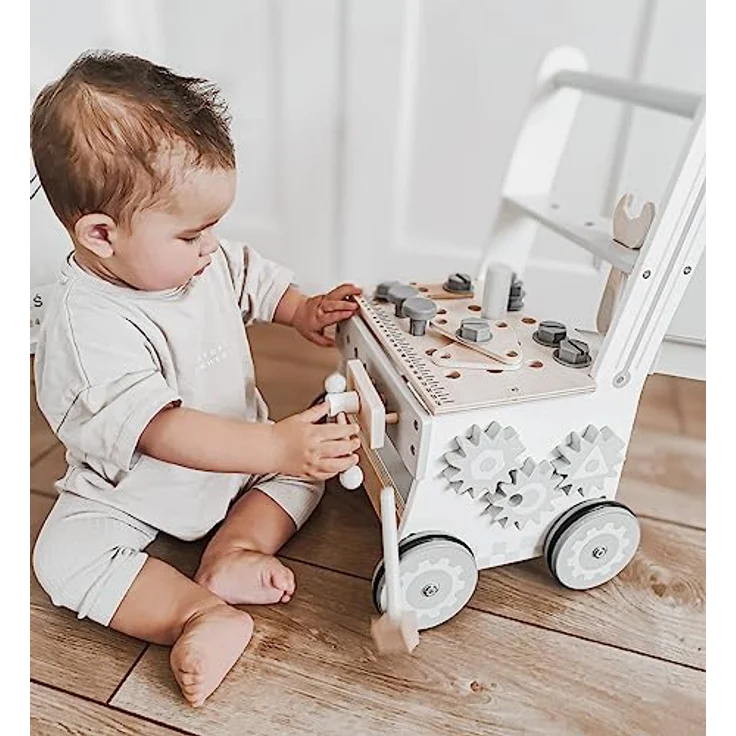 Mamabrum Lauflernwagen aus Holz mit Gummibereifung, Lauflernhilfe-Laufwagen für Kinder, Baby Walker, Babyspielzeug, Holzspielzeug, Sortierer, Werkzeugbank für Kinder aus Holz - Preisvergleich – Bild 4