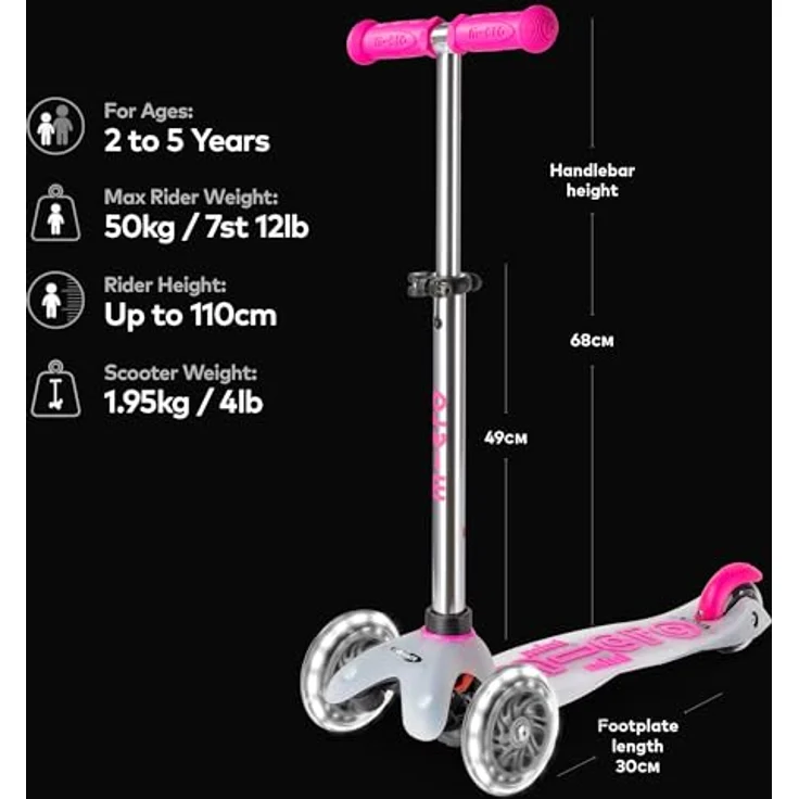 MICRO Mini micro Deluxe Flux LED | Das ORIGINAL | Kinderroller ab 2 Jahren | Inklusive LED Rollen | Transparentes Design, Höhenverstellbar | Pink – Bild 2