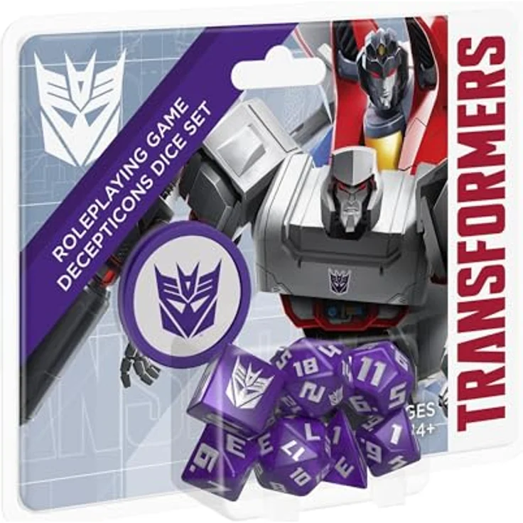 Renegade Game Studios Transformers RPG Decepticon-Würfel-Set, 8-teilig, violett, inklusive 2d20, d12, d10, d8, d6, d4 und d2-Münze, geeignet für Essence20 Rollenspielsystem – Bild 3