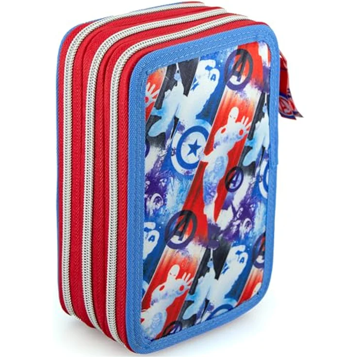 Clondo 3-Fach Federmäppchen für Jungen, Avengers Fan Edition – 45-teilig, komplett gefüllt mit Schere, Kleber, Buntstiften 3.0 – Blau – ideal für Schule & als Geschenk – Iron Man, Captain America, Hulk – Bild 5