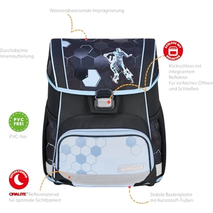 Herlitz Schulranzen Loop Plus, ergonomischer Schulranzen aus Polyester mit reflektierenden Materialien, 310x390x220mm, Cyber Soccer – Bild 6