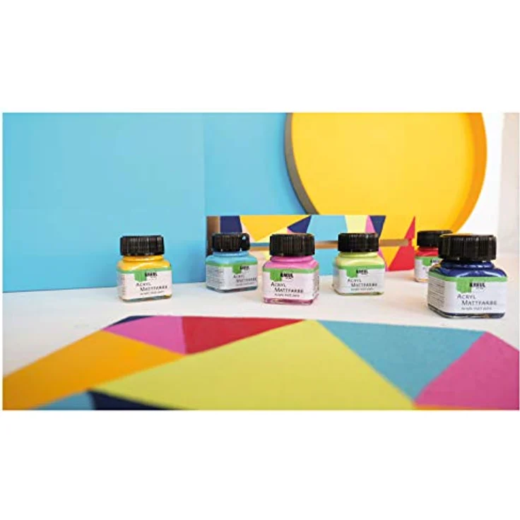 KREUL 75601 Acryl Mattfarben Color Living Set, 6 leuchtend matte Farben in dunkelblau, goldgelb, pink, türkis, lemon und karmin, schnelltrocknend, wasserbasis, inkl. Pinsel – Bild 2