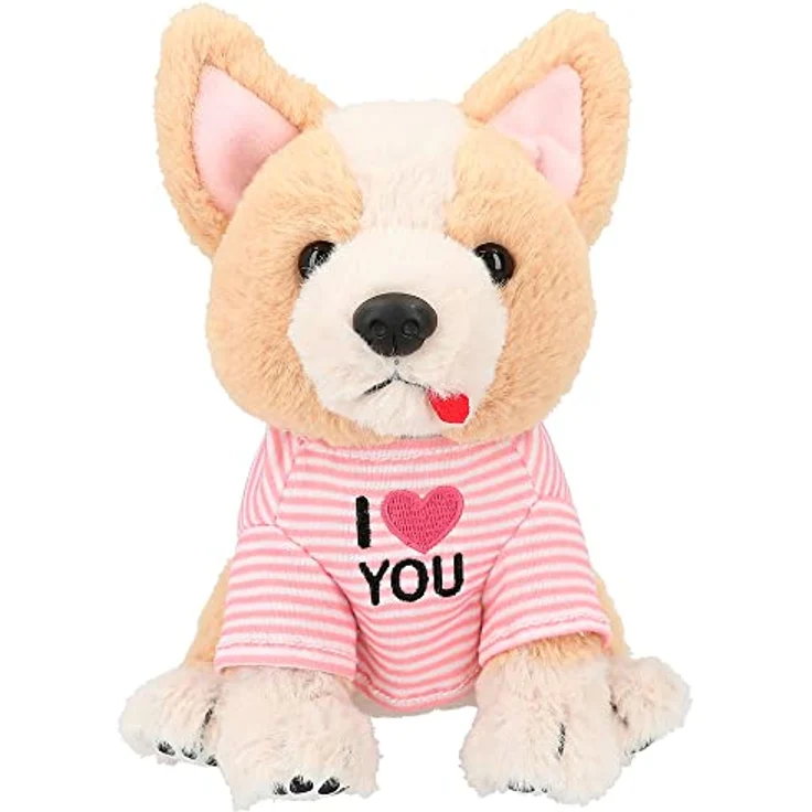 Depesche 12078 TOPModel - Kuscheltier Corgi Lotti mit hellbraunem Fell und rosa gestreiftem T-Shirt, ca. 18 cm großer Plüschhund – Bild 1