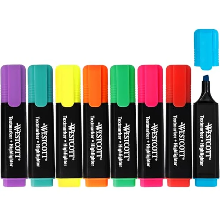 WESTCOTT Textmarker, Farbsortiert 8 St., Lichtresistente, schnell trocknende Tinte, ergonomischer Griff, Keilspitze 2,0 - 5,0 mm – Bild 1