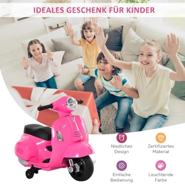 HOMCOM Elektro Motorrad Kinder 6V Vespa-Design mit Stützrädern und Scheinwerfer – Bild 3