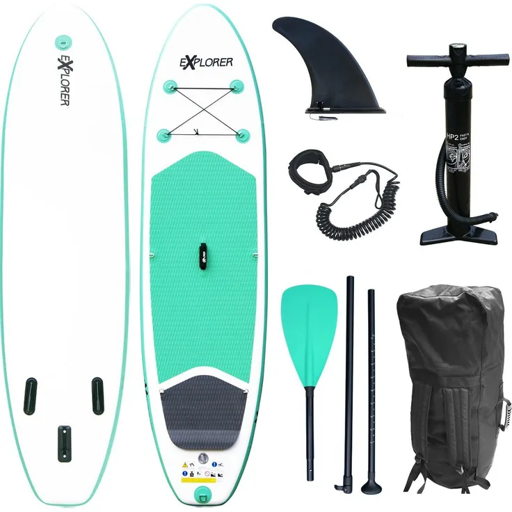 EXPLORER Inflatable SUP-Board Stand Up Paddleset Explorer 300, (Set, 6 tlg) - Aluminium Paddel, Anti-Rutsch-Oberfläche, Gepäcknetz, Doppelhub-Kolbenpumpe