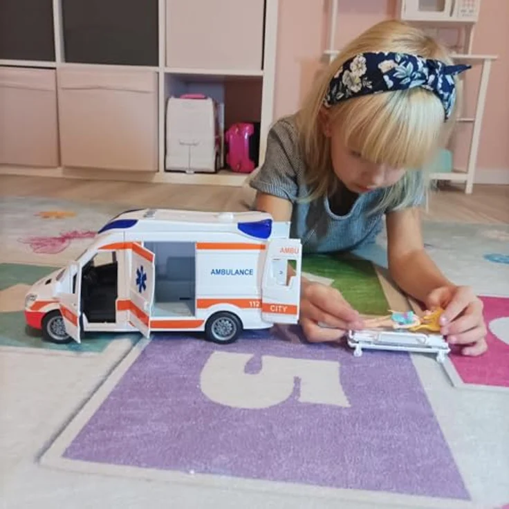 KRUZZEL Rettungswagen Krankenwagen Ambulanzwagen Spielzeugauto Licht & Sound 22731, weiß orange blau, mit realistischen Türen, Trage und beeindruckenden Licht- und Soundeffekten – Bild 4
