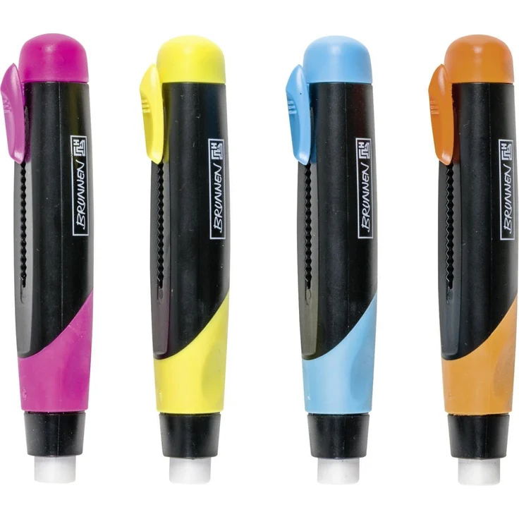 BRUNNEN Radiergummi 24X, 5 cm Radierstift aus TPR-Kunststoff mit Clip und Gummi-Griffzone, 4 Farben (blau, gelb, orange, pink)