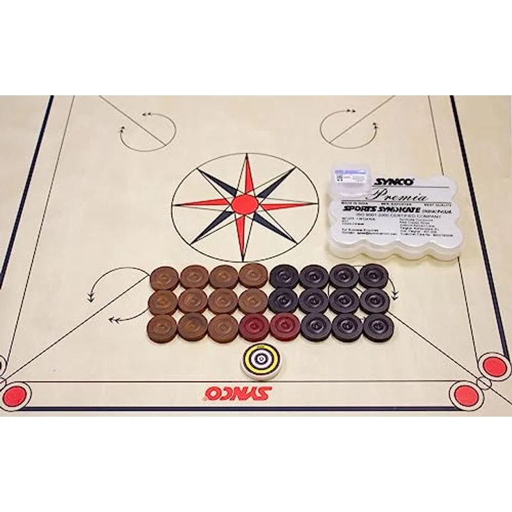 GICO Carrom Board Synco Professional Turnier 74x74 Limited Edition- 2990, Massiv-Hartholzrahmen, 20mm starke Spielfläche, inkl. Profi Spielsteine und Gleitpulver – Bild 3