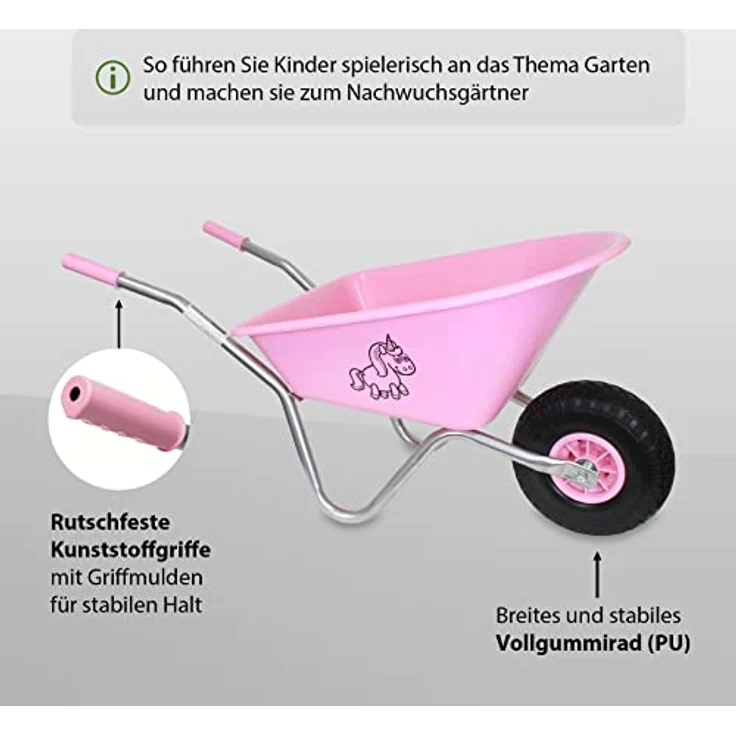 Kinderschubkarre Schiebkarre Metallschubkarre Gartenkarre Diverse Motive Lokomotive Feuerwehr Prinzessin Drache Einhorn (Einhorn | rosa) – Bild 3