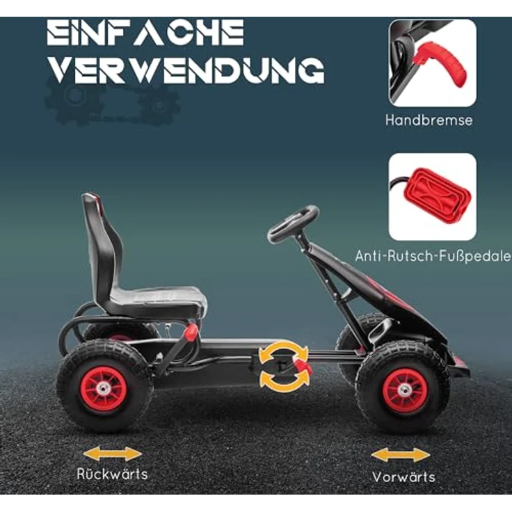 HOMCOM Go-Kart Kettcar Tretauto mit Gummireifen, für 5-12 Jahre Kinder, 121L x 58B x 61H cm, Rot&Schwarz – Bild 4