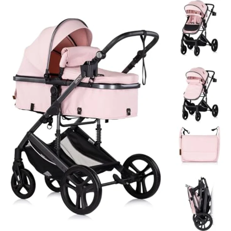Chipolino Kinderwagen 2 in 1 Amore Getränkehalter Wickeltasche Fußabdeckung Korb, Farbe: pink – Bild 1