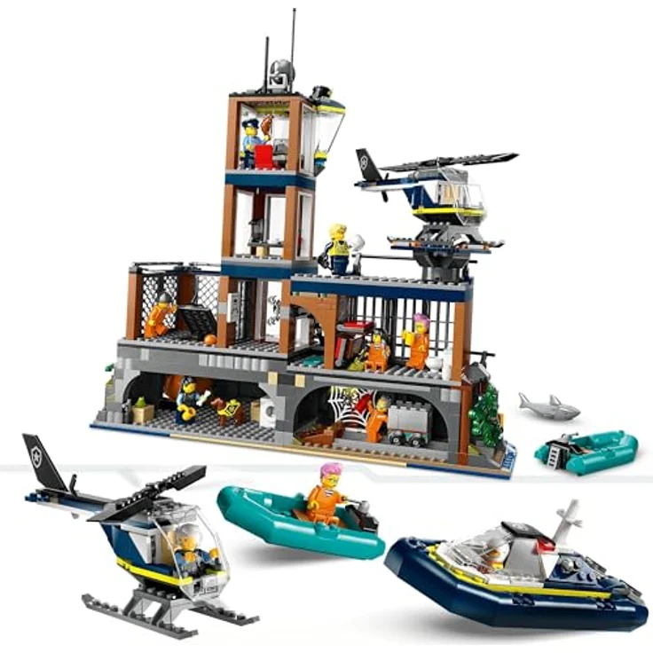 LEGO City Polizeistation auf der Gefängnisinsel, Polizei-Spielzeug mit Hubschrauber, Boot und Hai, Set mit 7 Minifiguren und Hund, Geschenk zum Geburtstag für Jungen und Mädchen ab 7 Jahren 60419 – Bild 3