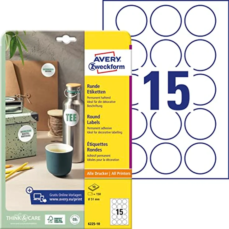 AVERY Zweckform 6225-10 Runde Etiketten (150 Klebepunkte, Ø51mm auf A4, runde Aufkleber zum Bedrucken, selbstklebende Produktetiketten, permanent haftende Marmeladenetiketten) 10 Blatt, weiß – Bild 1