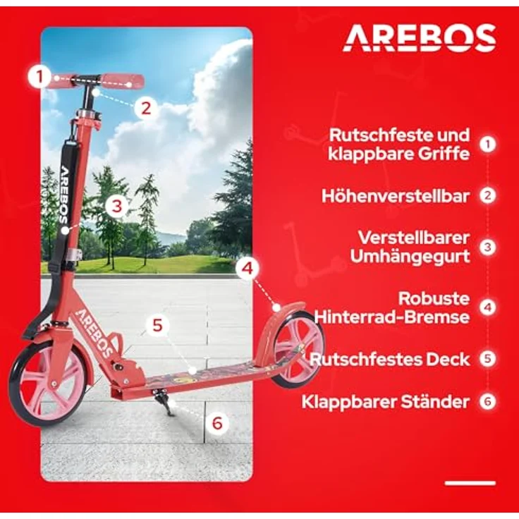 Arebos Tretroller klappbar, höhenverstellbar 78–93 cm, bis 100 kg, für Kinder ab 6 Jahren, rot – Bild 3