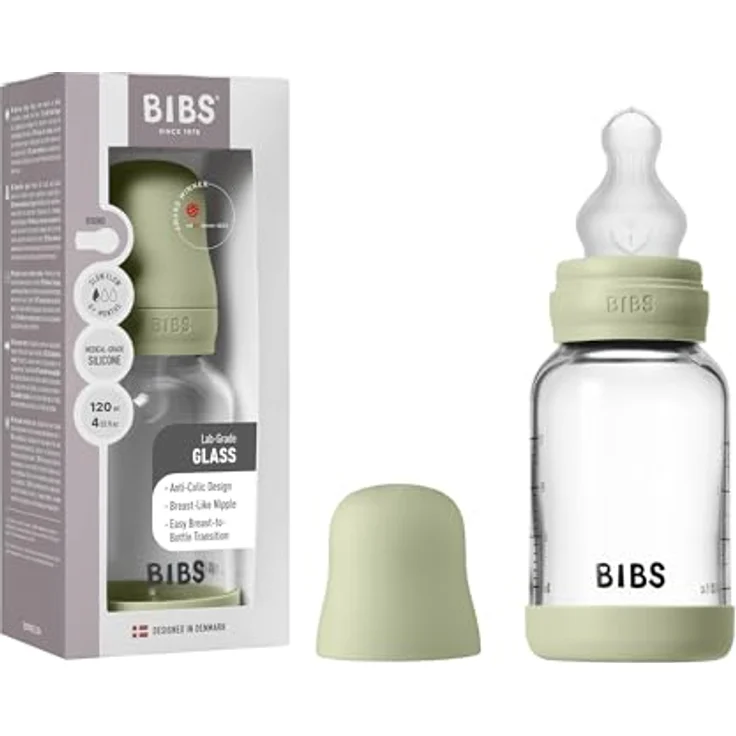 BIBS Baby Glasflasche 120ml, Vermindert Koliken, Runder Silikonsauger, BPA-frei, Hergestellt in Dänemark - Sage – Bild 1