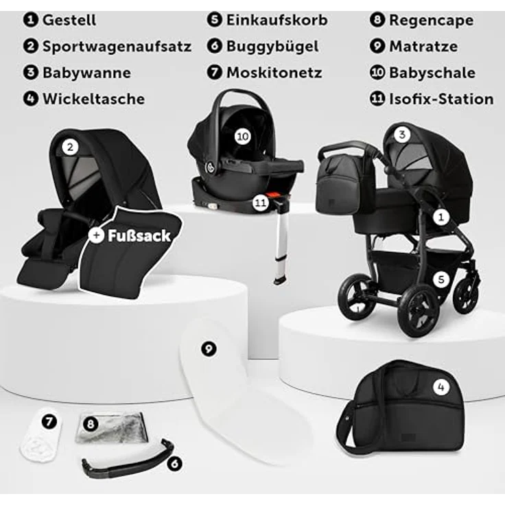 Bergsteiger Capri Kombikinderwagen 4-in-1, Babywanne, Sportsitz, i-Size Babyschale, Isofix-Station, höhenverstellbar, faltbar, Luftreifen, Zubehör – Bild 3