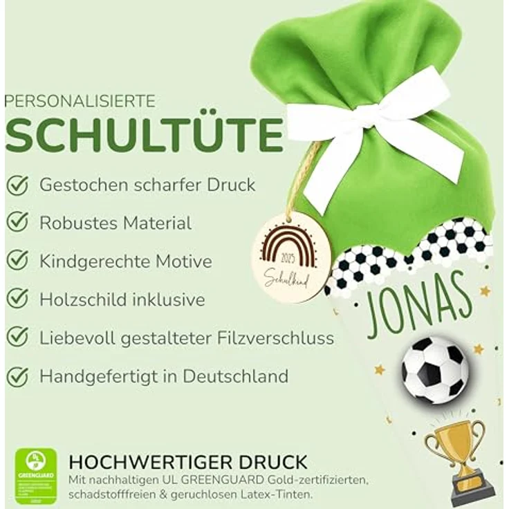 Kidsmood Fußball Schultüte personalisiert mit Namen, hochwertiges Bastelset mit Rohling, Stoff & Holzschild für Einschulung 2026 in dynamischem Fußball Design – Bild 2