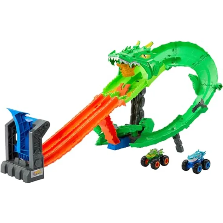 Hot Wheels Sharks vs. Dinos Drachenzerstörungs-Spielset mit Monster Trucks Great Bite und Rageasaur im Maßstab 1:64, inklusive Kettensägen-Spurwechsler und kompatibel mit weiteren Hot Wheels Tracks