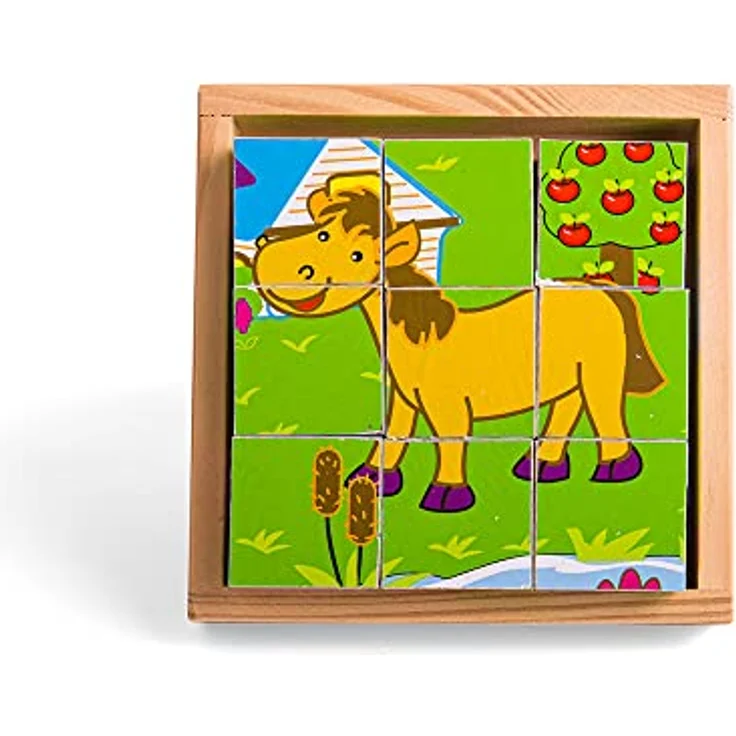 Bigjigs Farm Animals Block Puzzle, Holzpuzzle mit 6 verschiedenen Bauernhoftieren, inklusive stabiler Holzkiste – Bild 4