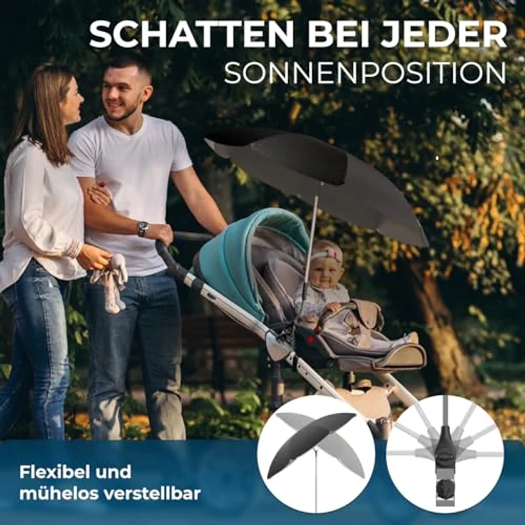 STYNGARD Sonnenschirm Kinderwagen Modell ROME, UV Schutz 50+, 70 cm Durchmesser mit Überhang, 360° verstellbar, flexibele Universalhalterung – Bild 4