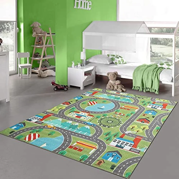 Teppich-Traum Kinder Spielteppich, Stadtlandschaft auf Wiese in grün, Flachgewebe, 160x220 cm, rutschfest, OEKO-TEX 100 zertifiziert – Bild 1