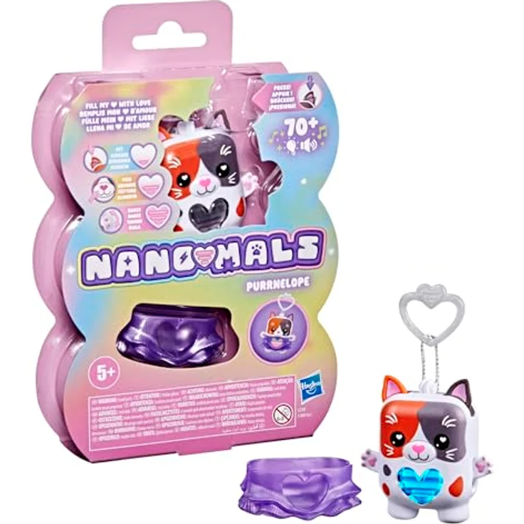 Nano-Mals Purrnelope, elektronisches Fidget-Tierchen mit farbwechselnder Herzanzeige, lila Kleid und Clip für Schlüsselanhänger – Bild 9