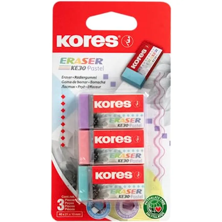 Kores-KE-30 Pastell: PVC Radiergummis mit Papierhülle für Kinder, Studenten und Erwachsene, ungiftig und kinderfreundlich, Schul- und Bürobedarf, 40x21x10 mm, 3 Stück in pastellfarben sortiert, 40315