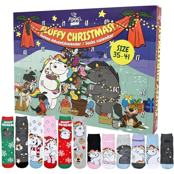 United Labels Pummel & Friends Pummeleinhorn Adventskalender mit 12 Paar Socken für Damen, Größe 35-41, inklusive Sneakersocken und langen Socken, offizielles Merchandise – Bild 1