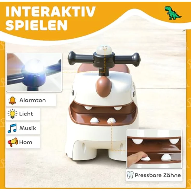AIYAPLAY Rutschauto Dinosaurier-Design, mit Stauraum, Licht, Musik und Geräuschen, für 18-36 Monate, cremeweiß – Bild 4