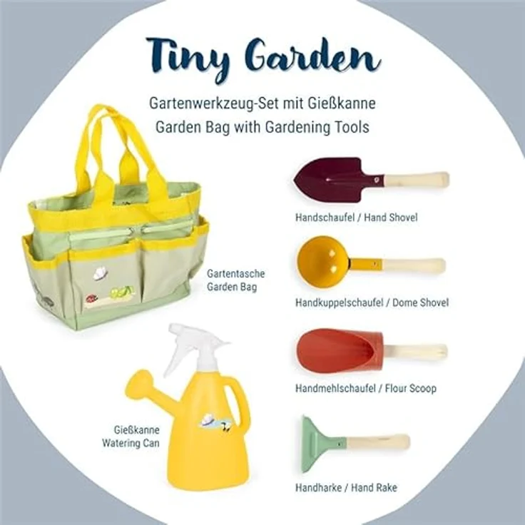 small Foot Gartentasche mit Gartenwerkzeug „Tiny Garden“, 6-teiliges Set aus Holz und Metall für Kinder ab 3 Jahren, inklusive handlicher Gartentasche und liebevollen Tiermotiven, 12664 – Bild 3