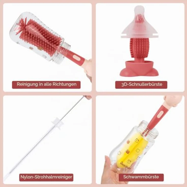 AiQInu Baby Flaschenbürste Set, Silikon 4-in-1 Reinigungsbürste mit 360°-Reinigung, BPA-frei, weiche Borsten und Nippelbürste, für Babyflaschen und Trinkbecher – Bild 3