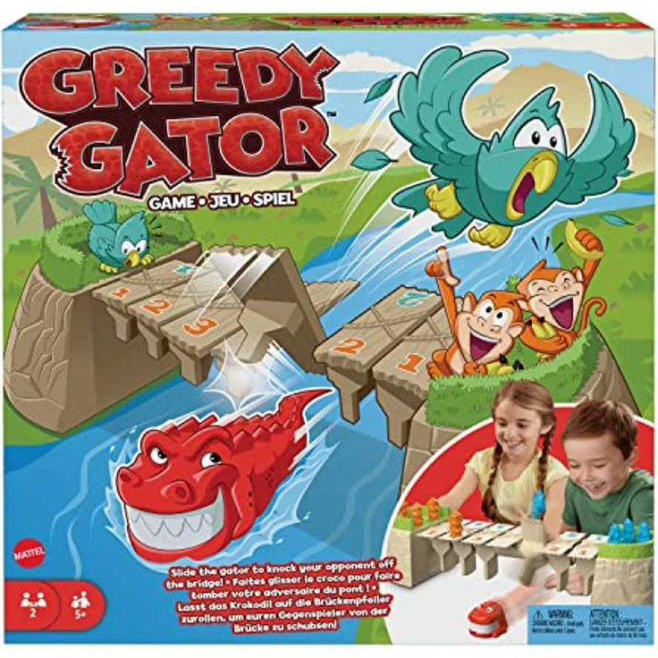 MATTEL Kalle Krokofalle - Alligator-Spiel mit bunten Spielfiguren in Form von Affen und Papageien, gefährliche Brücke, für Kinder ab 5 Jahren, HRC09