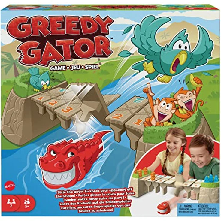 MATTEL Kalle Krokofalle - Alligator-Spiel mit bunten Spielfiguren in Form von Affen und Papageien, gefährliche Brücke, für Kinder ab 5 Jahren, HRC09 – Bild 1
