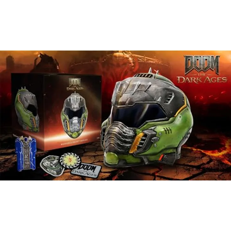 DPI Merchandising DOOM: The Dark Ages Helm-Replik-Bundle, tragbare Helmreplika mit LED-Lichteffekten, inklusive blauer Schlüsselkartenreplika und 3 gewebten Aufnähern