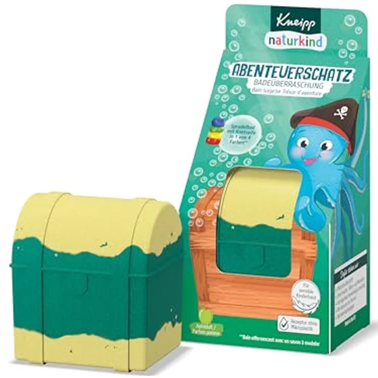 Kneipp naturkind Badeüberraschung Abenteuerschatz - Sprudelnde Badekugel für Kinder mit Überraschung - Badespass Badeüberraschung Schatzkiste mit Knetseife zum Spielen und Reinigen - 1 Stück, Apfelduft, 1 Vollbad, vegan – Bild 1