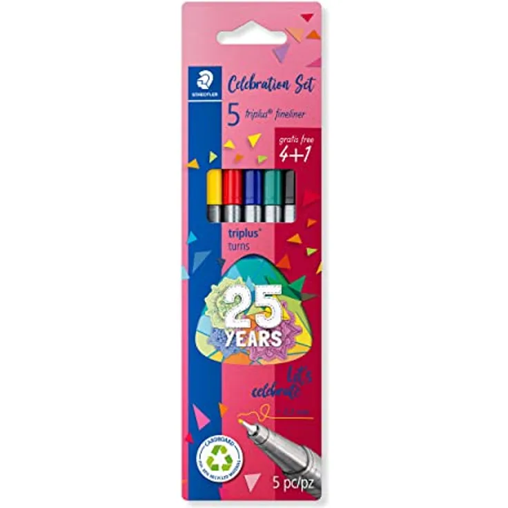 Staedtler Fineliner triplus Celebration-Set, 0,3 mm, ergonomische dreieckige Form, DRY SAFE, 5 Farben, 5 x