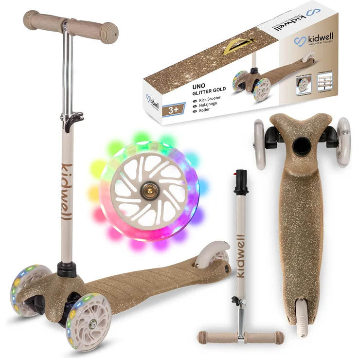 COIL UNO Dreiradscooter, Kinderroller mit ABEC-7-Lagern, 3-stufiger Lenkradverstellung, LED-Rädern, gold