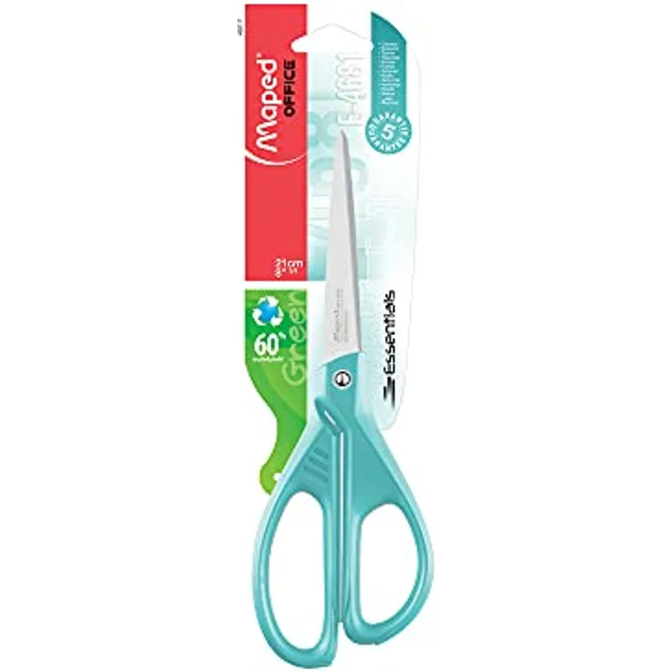 MAPED Papierschere ESSENTIALS, 21 cm, türkis, aus 60 % recyceltem Kunststoff, Edelstahlklingen, umweltfreundliche Verpackung
