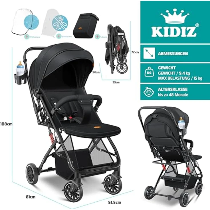 Kidiz Kinderwagen Kinderbuggy klappbar Liegebuggy Sportwagen 360° Räder 5-Punkt Gurt, Inkl. Fußsack, Getränkehalter, Regenabdeckung & Moskitonetz, verstellbare Rückenlehne & Sonnenverdeck, blau – Bild 5