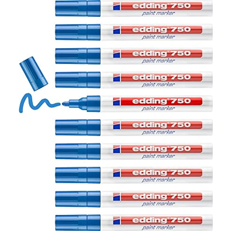 edding 750 Lackmarker - blau - 10 Stifte - Rundspitze 2-4 mm - Lackstift zur Markierung und Beschriftung von Metall, Glas, Stein oder Kunststoff - hitzebeständig, permanent, wischfest – Bild 1